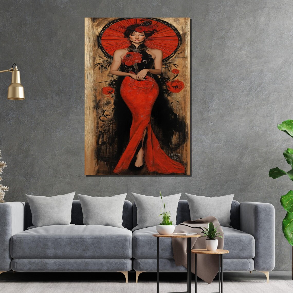 Oriental Beauty In Red Cheongsam With Parasol Floral Glamour Poster