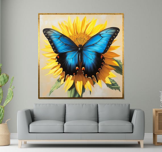 Blue Butterfly Sunflower Butterfly Wall Art Nature Wall Print Wall Art Design Ready To Hang Decoration