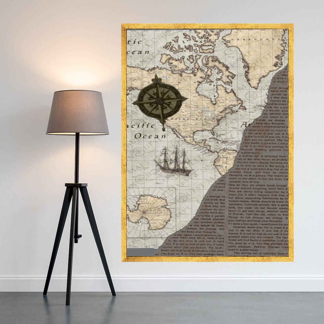 Antique World Map Compass Rose Art Vintage Sailing Ship Voyage Poster