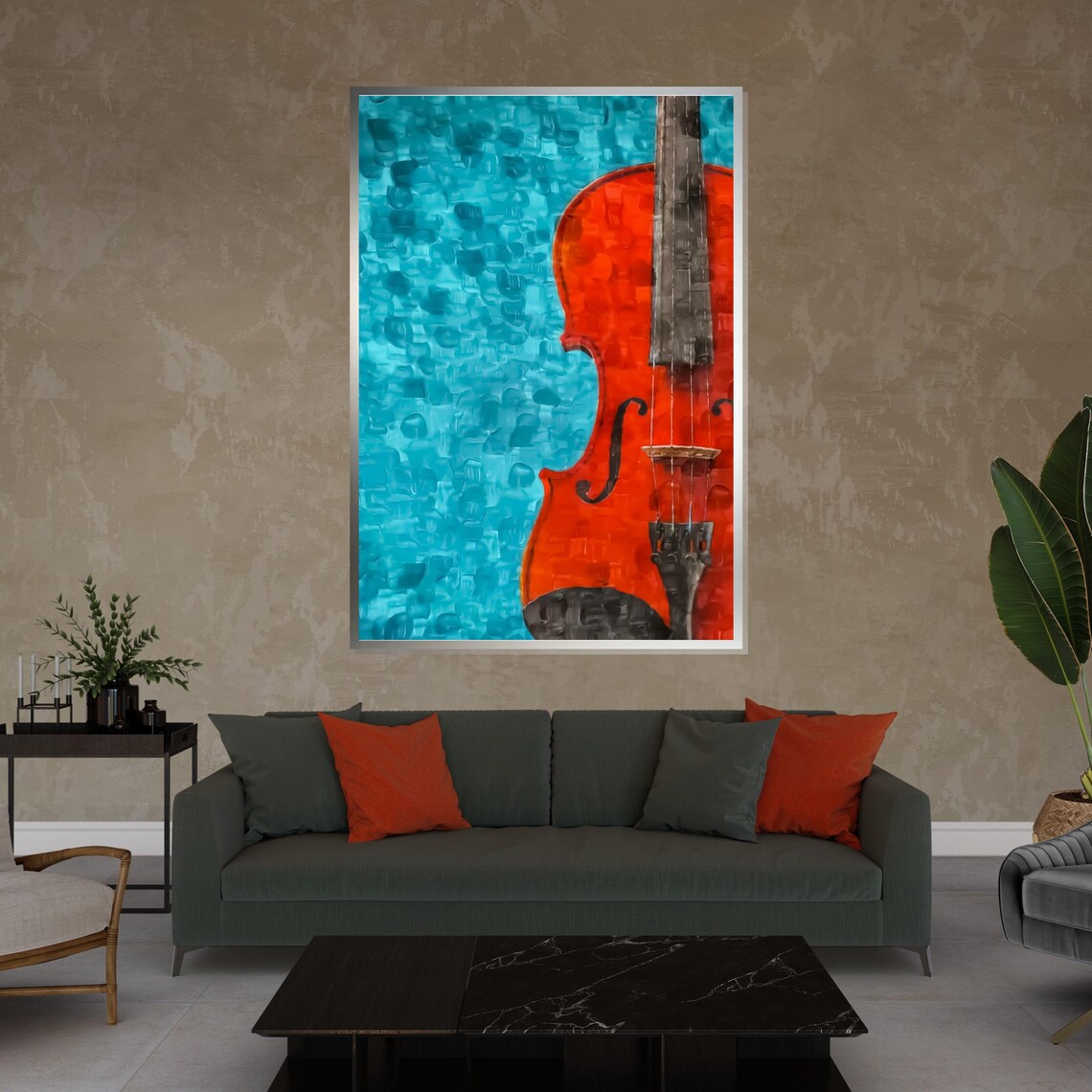 Red Violin on Turquoise Textured Background Music Art Poster - Image 4
