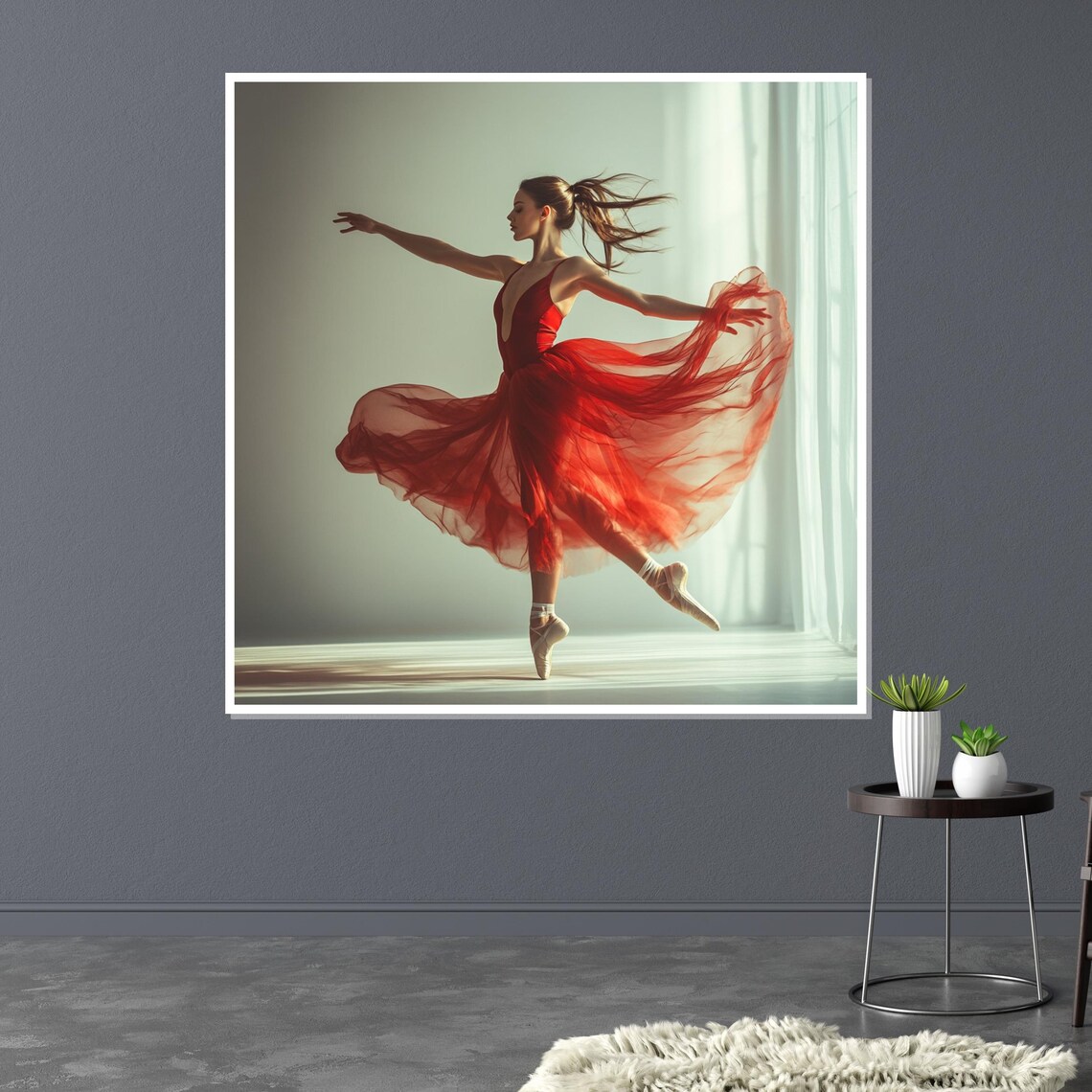 Ballerina in Red Dress En Pointe in Sunlit Studio Dance Poster - Image 3