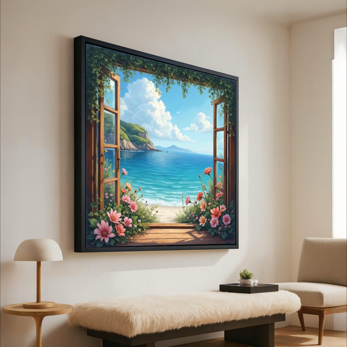 Open Window Turquoise Sea Cliffs Floral Coastal View Art Poster