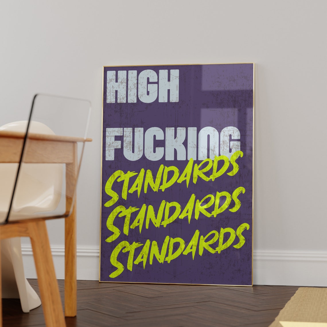High Standards Motivational Purple Neon Graffiti Script Quote Poster - Image 2
