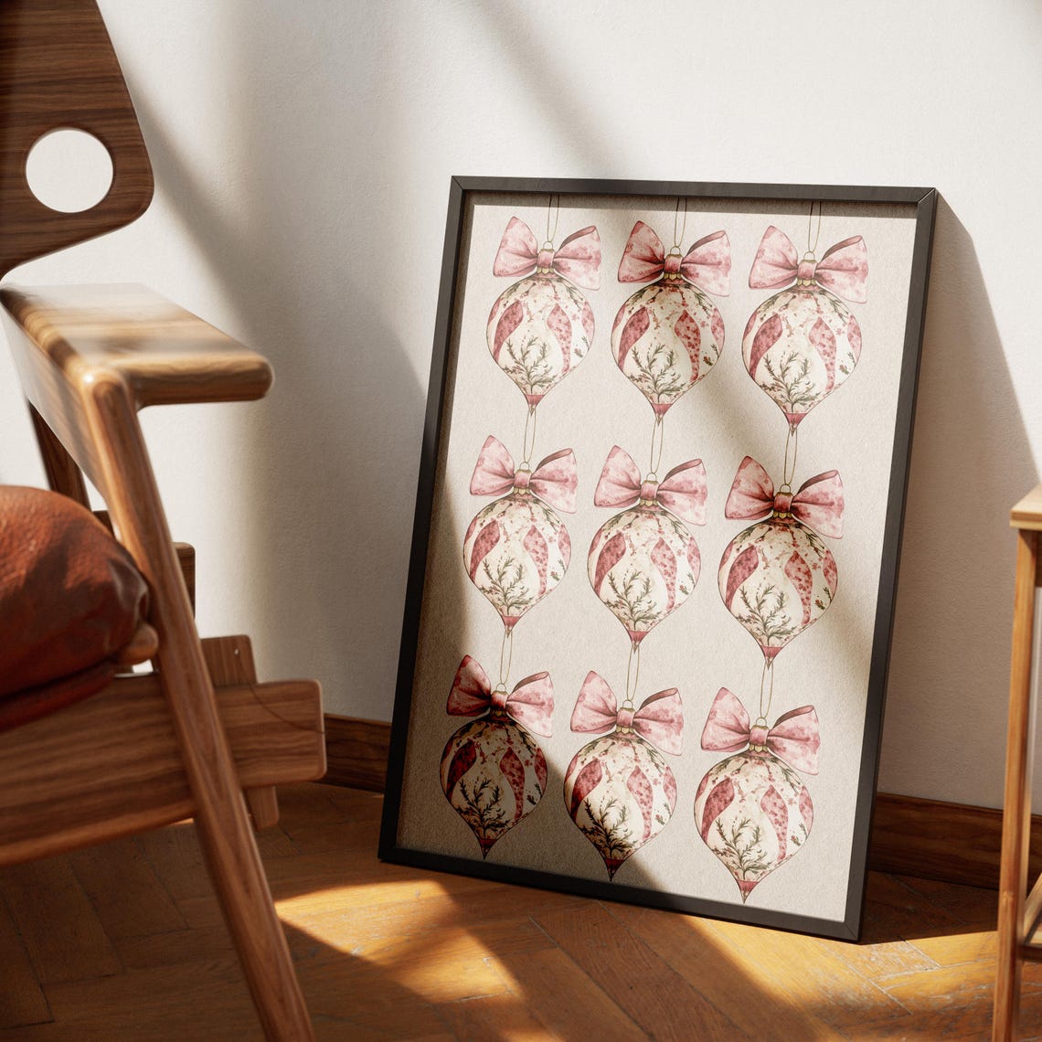 Pink Bow Christmas Ornaments Grid Chinoiserie Style Wall Poster - Image 3