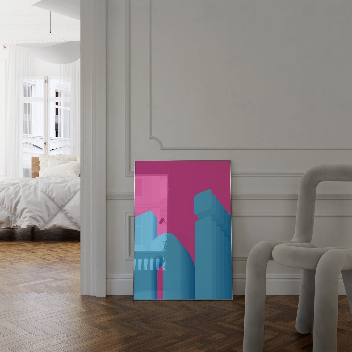 Hot Pink Blue Geometric Bauhaus Abstract City Style Wall Poster - Image 5