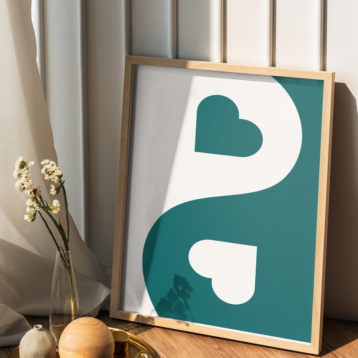 Teal White Yin Yang Hearts Minimalist Love Symbol Wall Poster - Image 2