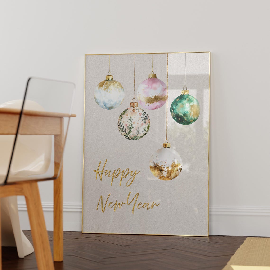 Happy New Year Pastel Ornaments Gold Script Holiday Wall Poster - Image 6