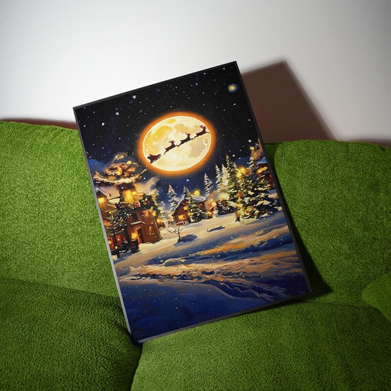 Santa Sleigh Silhouette Full Moon Snowy Christmas Village Night Oil Painting Poster