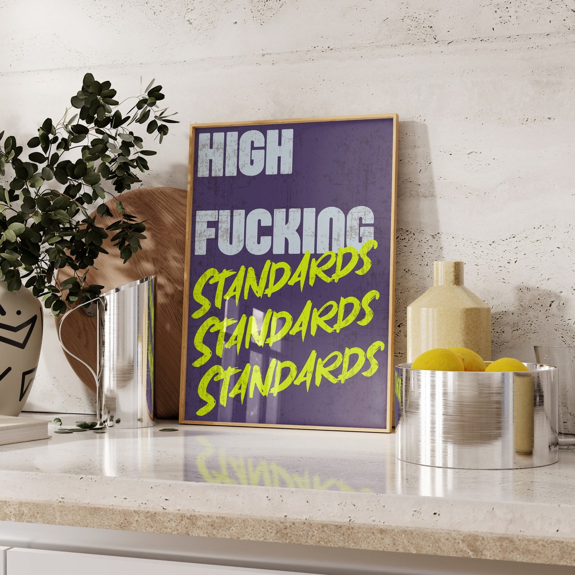 High Standards Motivational Purple Neon Graffiti Script Quote Poster - Image 3