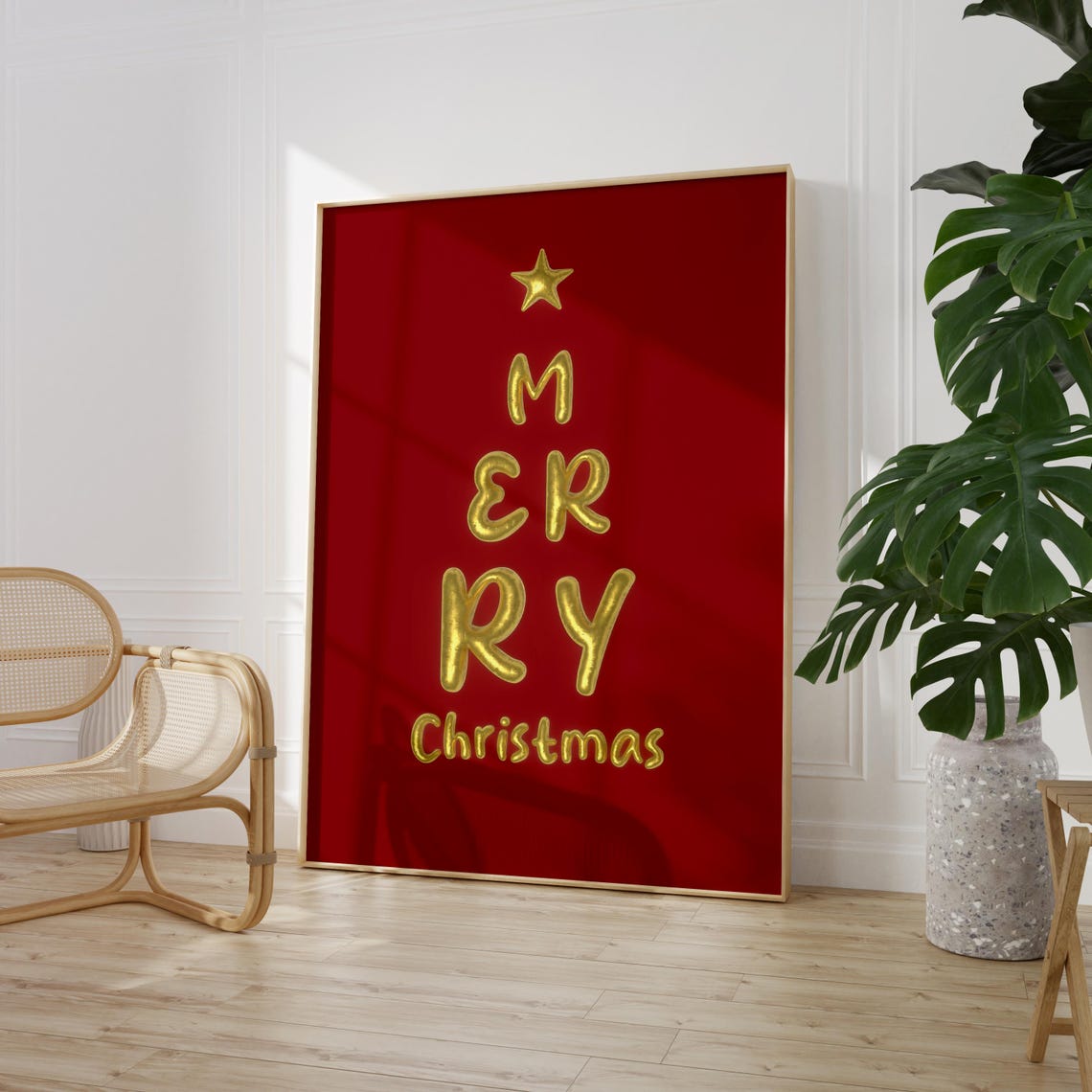 Merry Christmas Gold Balloon Tree Shape Letters Red Holiday Poster