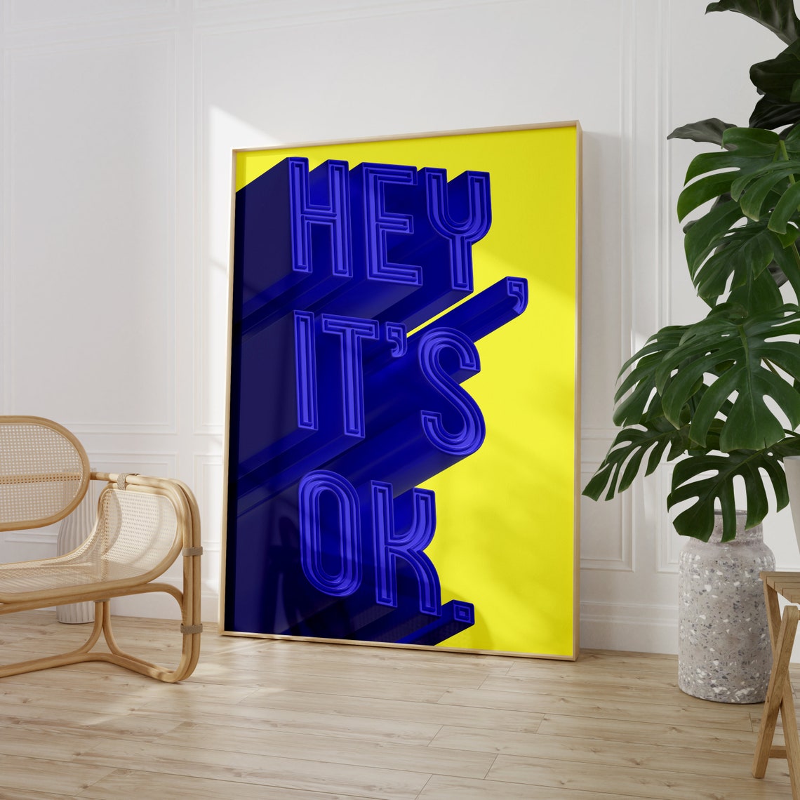 Hey It's Ok Bold Typography Blue Yellow Retro Statement Poster - Image 3