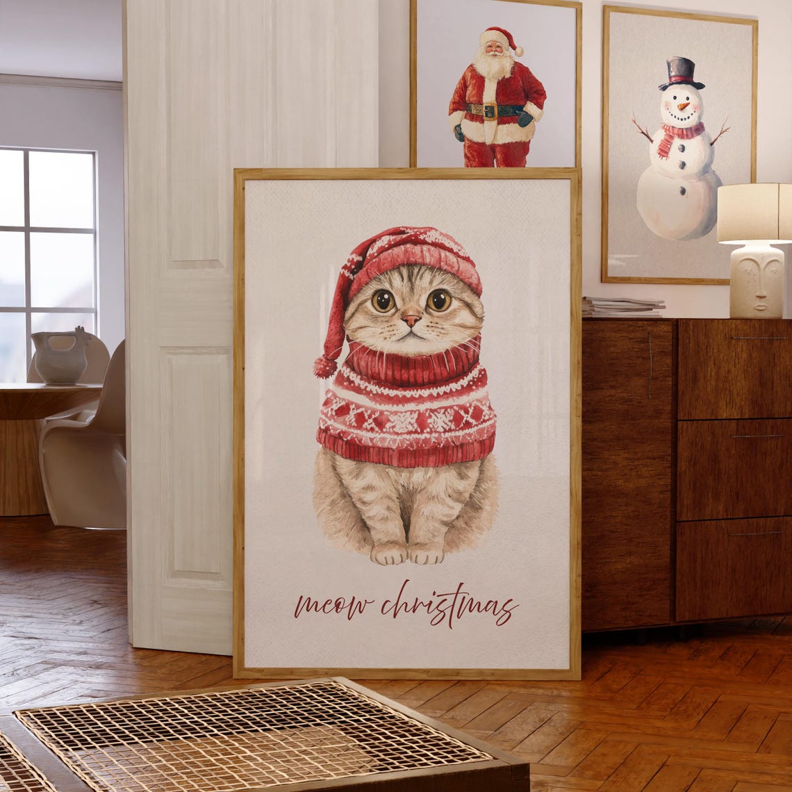 Meow Christmas Kitten Red Sweater Watercolor Cute Holiday Cat Poster - Image 2