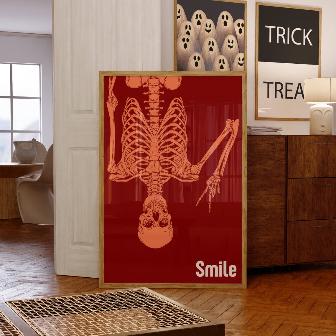 Smile Inverted Skeleton Bold Red Moody Gothic Halloween Art Poster - Image 4