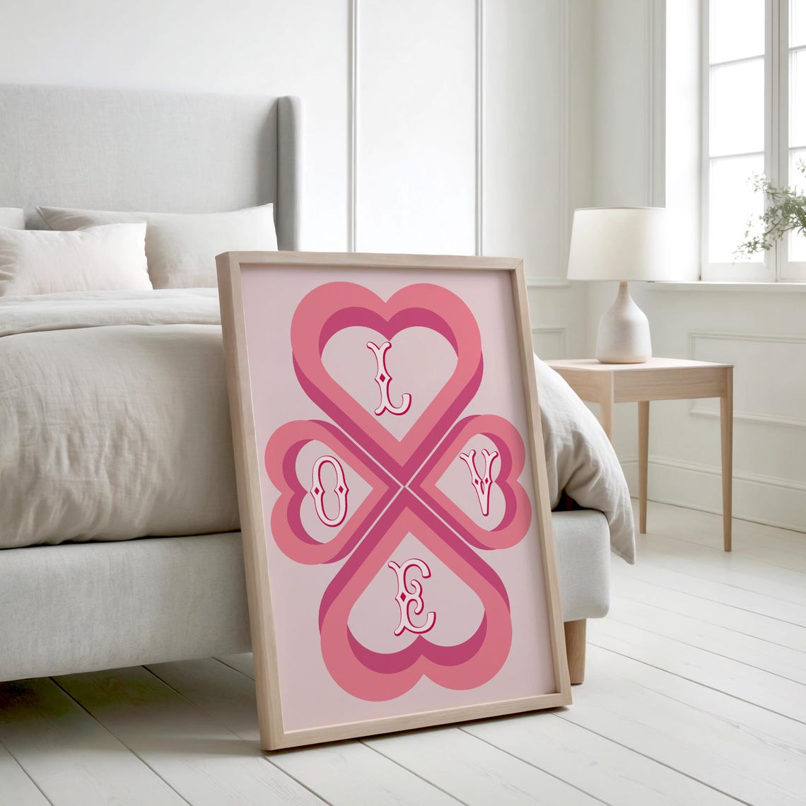 Pink Hearts Clover LOVE Letters Valentine Poster Cute Romantic Decor
