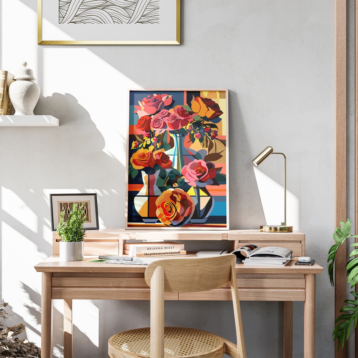 Colorful Roses In Geometric Vases Bold Modern Floral Art Poster - Image 3