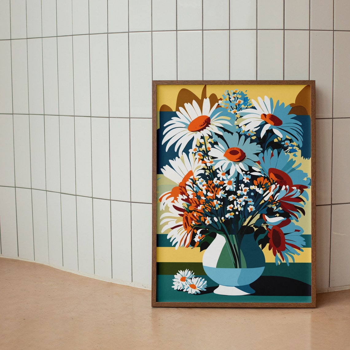 Retro Daisies In A Vase Bold Colorful Floral Illustration Poster - Image 2