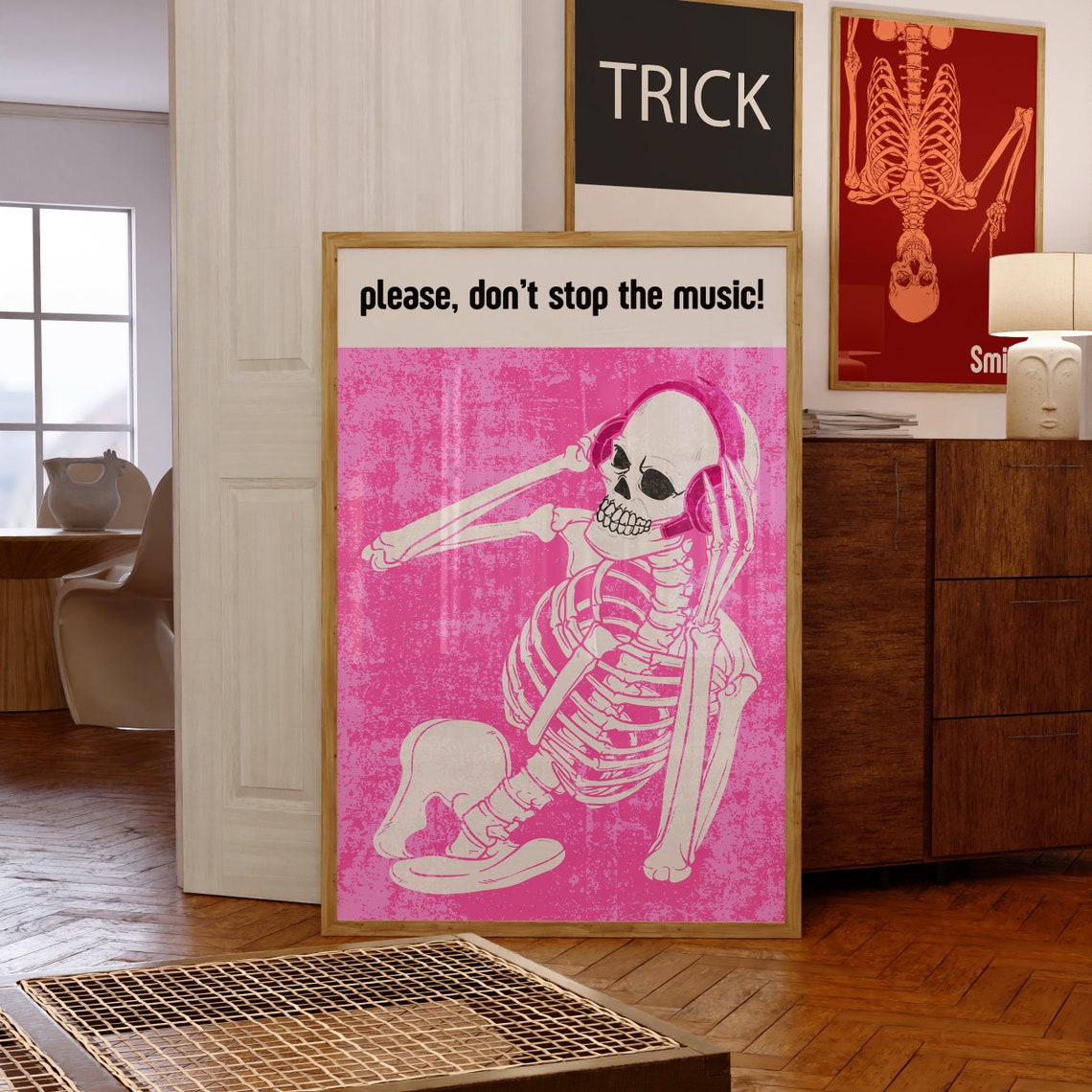 Dont Stop The Music Dancing Skeleton Pink Headphones Party Art Poster - Image 2