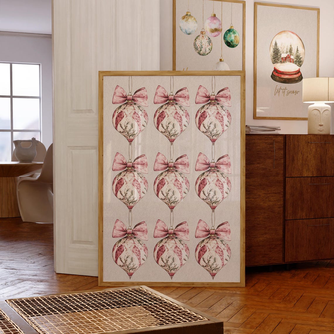 Pink Bow Christmas Ornaments Grid Chinoiserie Style Wall Poster - Image 7