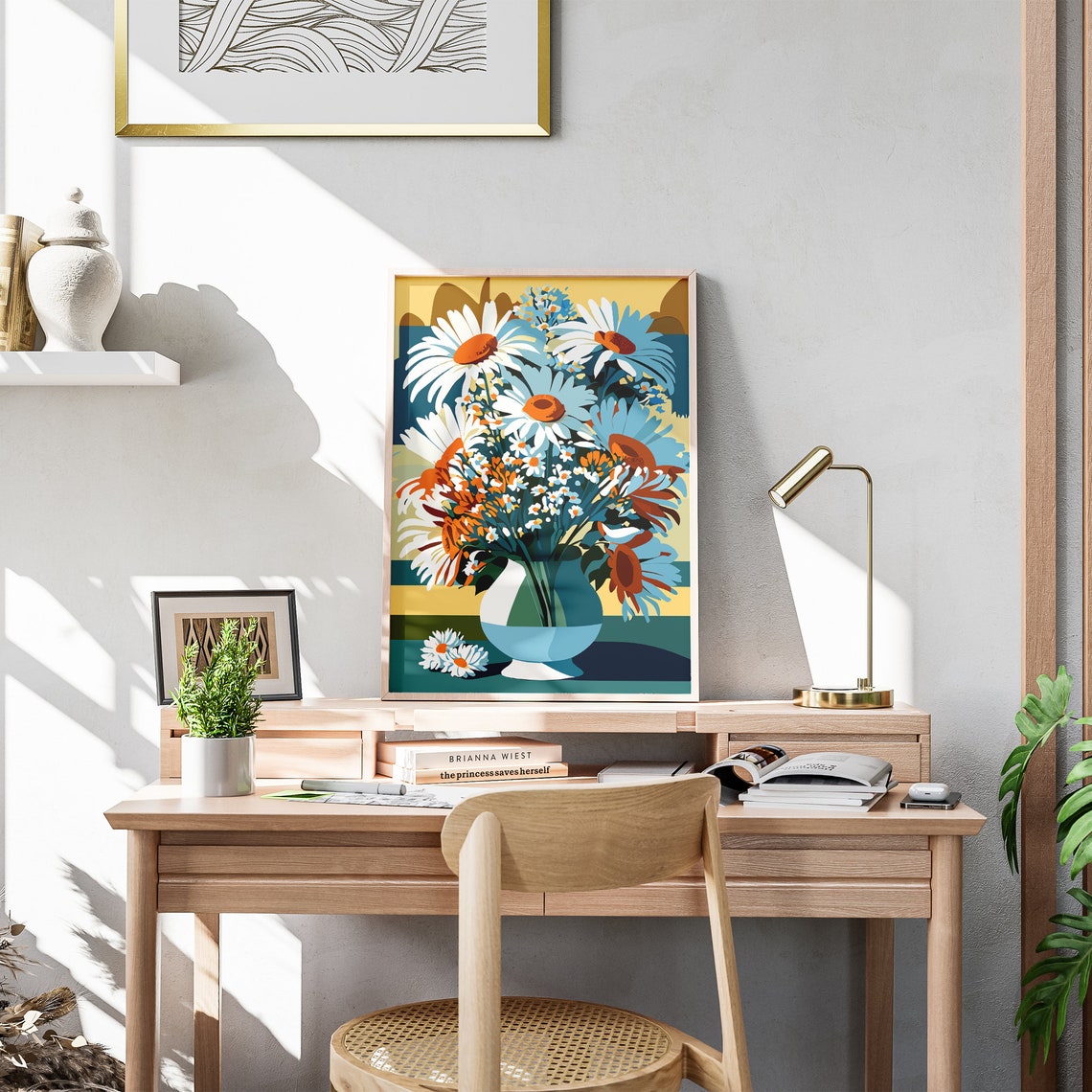 Retro Daisies In A Vase Bold Colorful Floral Illustration Poster - Image 3