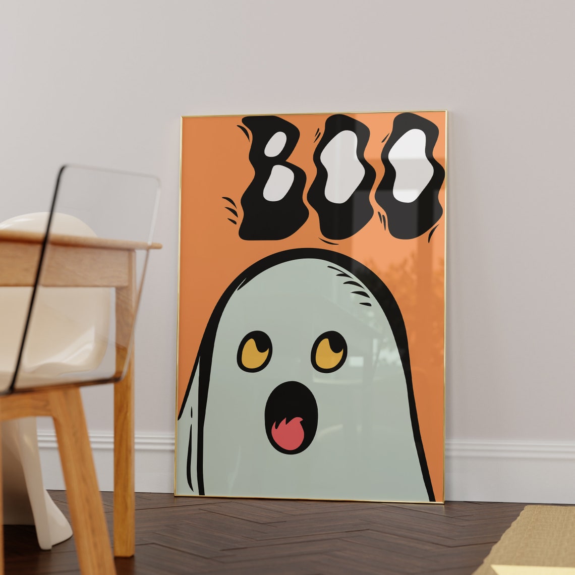 Boo Cute Ghost Halloween Spooky Orange Cartoon Character Art Poster - Image 2