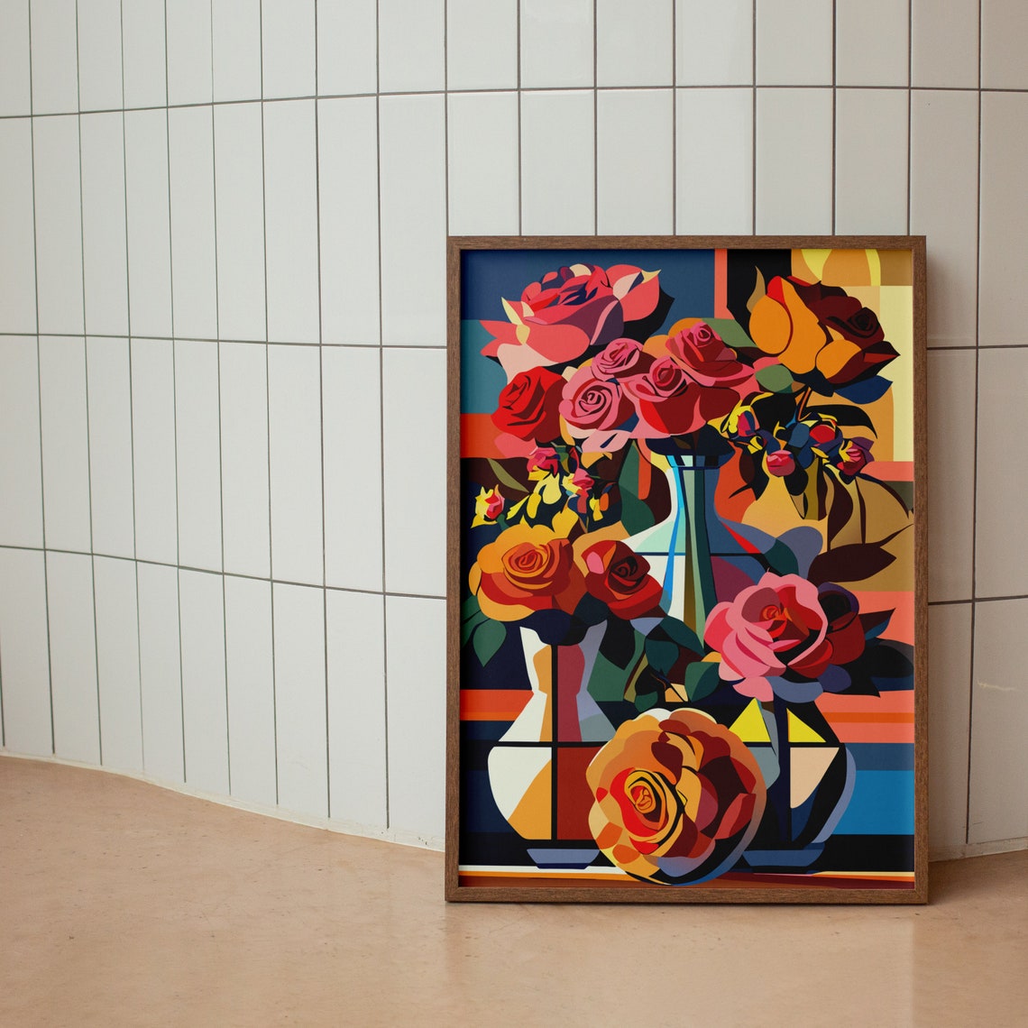Colorful Roses In Geometric Vases Bold Modern Floral Art Poster - Image 2