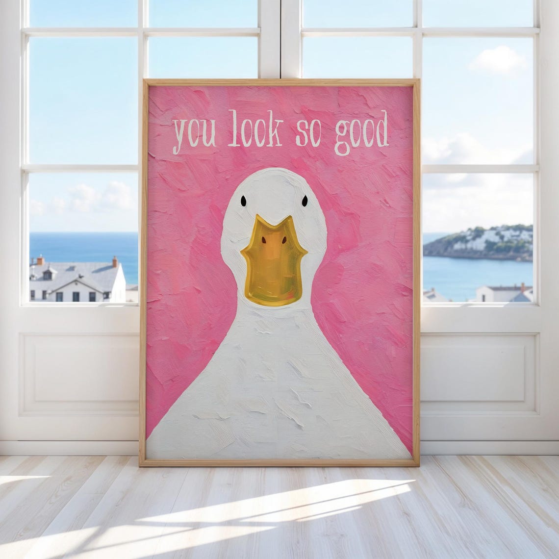 Funny Cute White Duck You Look So Good Pink Bedroom Wall Poster