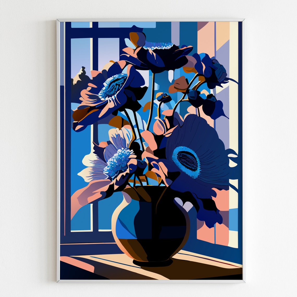Serene Blue Anemones Dark Vase Moody Floral Illustration Poster
