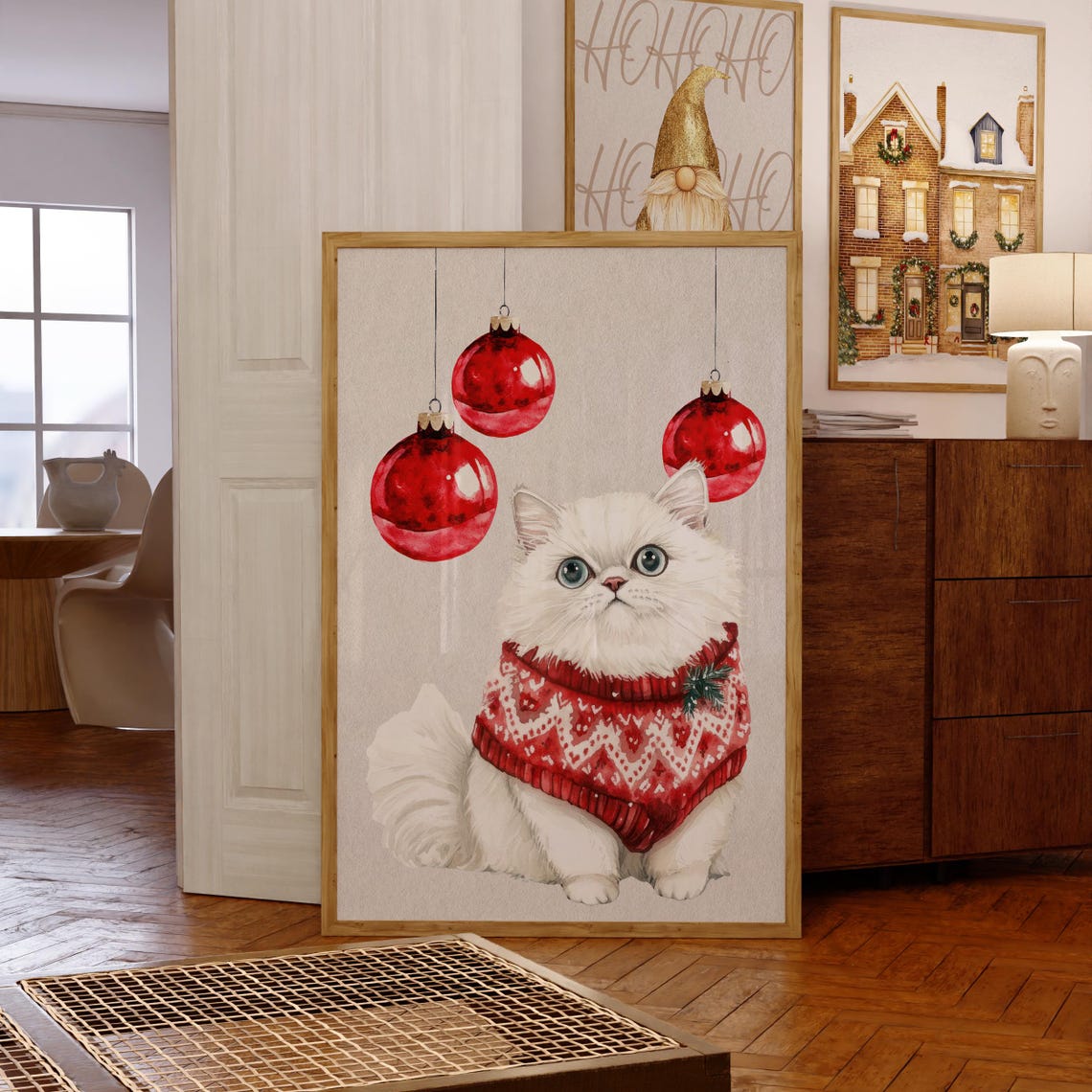White Persian Cat Christmas Sweater Red Baubles Cute Wall Poster - Image 7