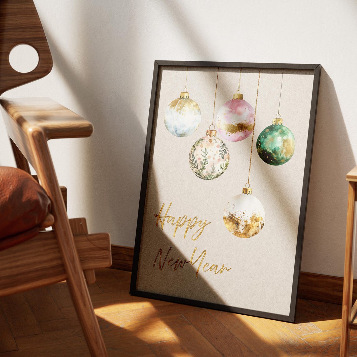 Happy New Year Pastel Ornaments Gold Script Holiday Wall Poster - Image 3