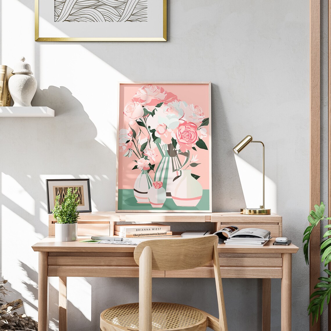 Pink Roses Bouquet In Pastel Vases Sweet Floral Illustration Poster - Image 3