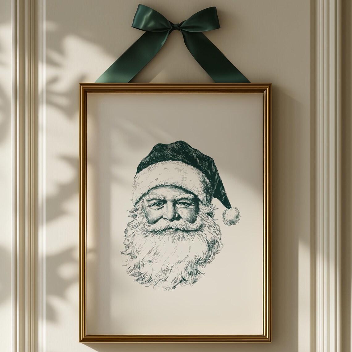 Vintage Santa Claus Face Sketch Christmas Poster in Green Ink