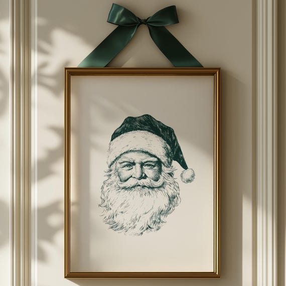 Vintage Santa Claus Wall Art Christmas Decor Green And White Holiday Rustic Face Illustration Festive Print