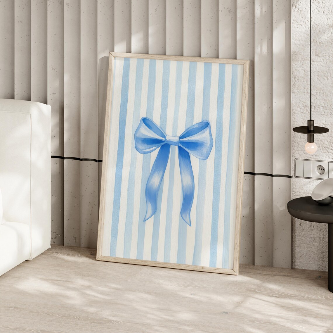 Blue Bow Watercolor Art Poster Striped Ribbon Minimalist Coquette Decor