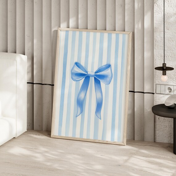 Blue Bow Watercolor Art Poster Or Canvas Print Love Shack Fancy Wall Prints Vintage Striped Ribbon Minimalist Nursery Decor
