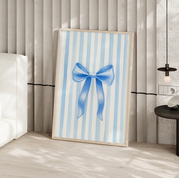 Blue Bow Watercolor Art Poster Striped Ribbon Minimalist Coquette Decor