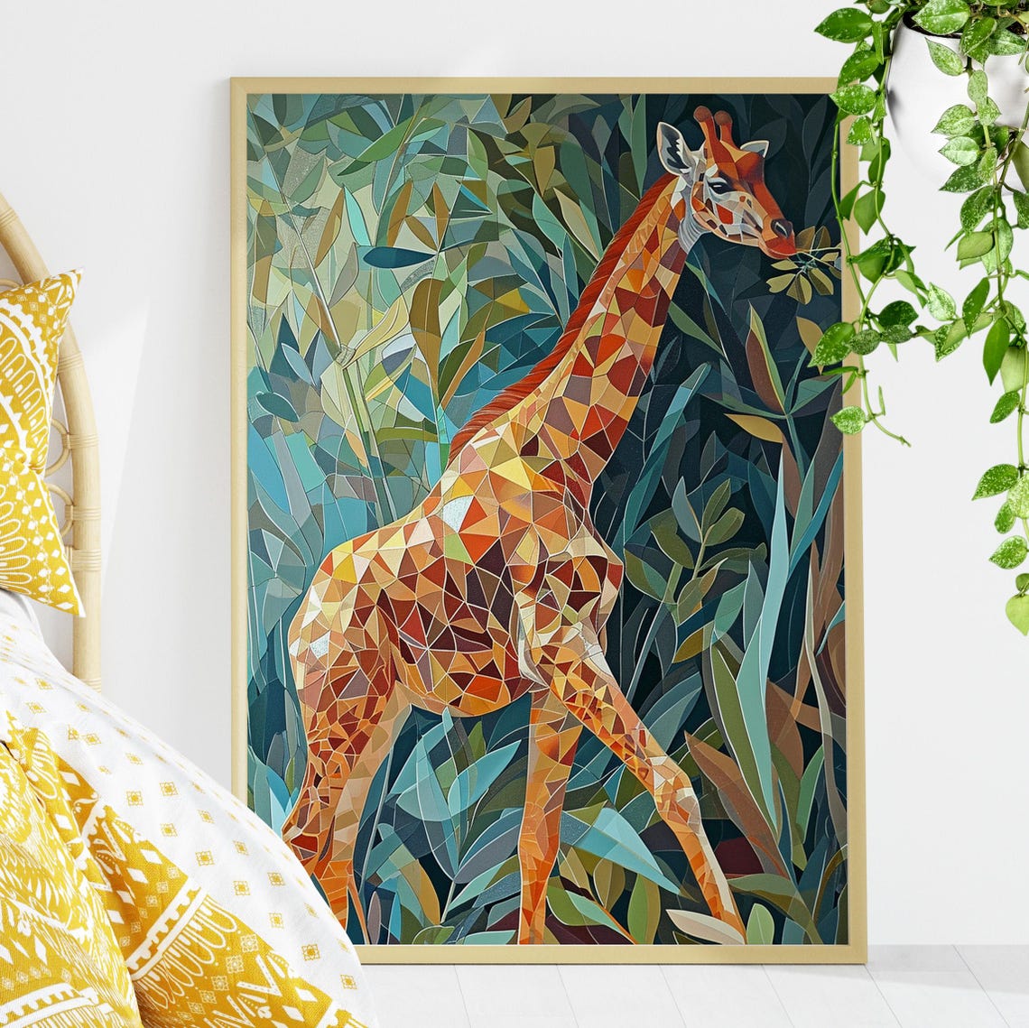 Striking Geometric Polygonal Giraffe in a Lush Jungle Modern Poster