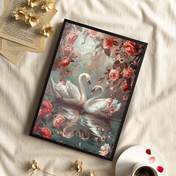 Antique Floral Romantic Swan Art Print Or Canvas Retro Botanical Modern Poster Elegant Nature Landscape Vintage Home Decor