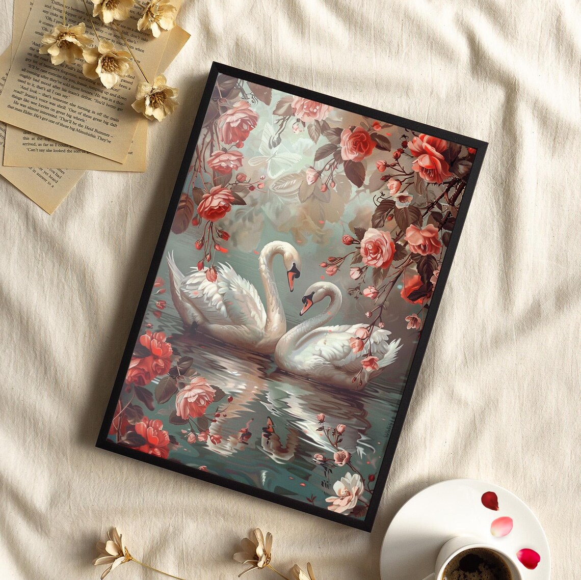 Two White Swans With Pink Roses Romantic Floral Lake Wall Art