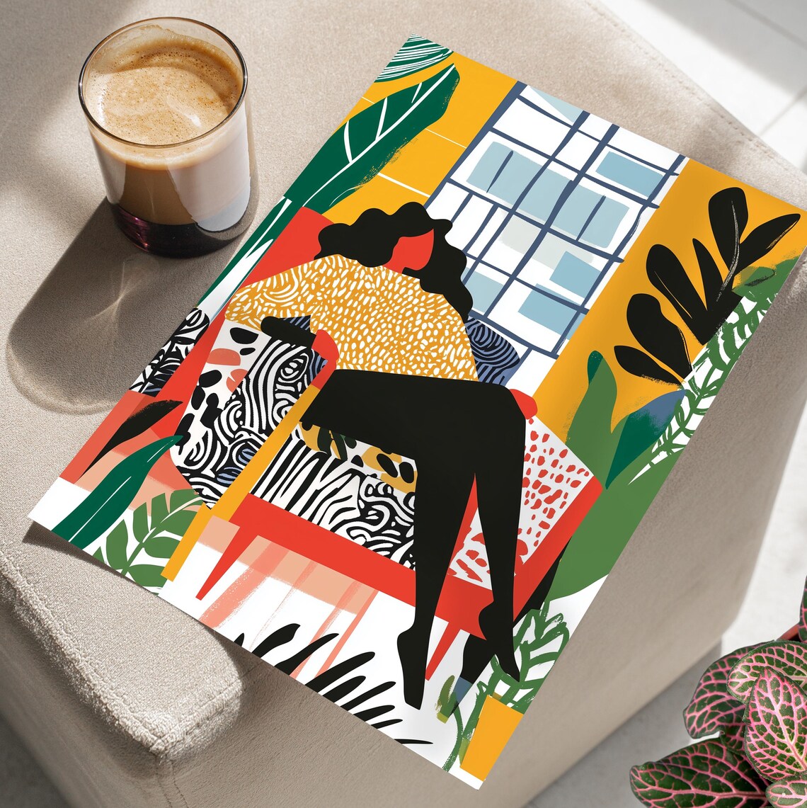 Colorful Fauvist Woman Portrait With Tropical Leaves Modern Art Poster