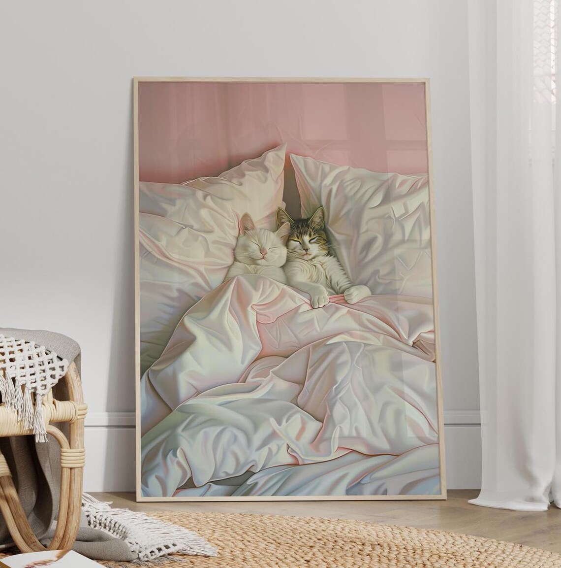 Two Cats Cuddling In Pink Bed Cozy Sleepy Kitten Gift Poster