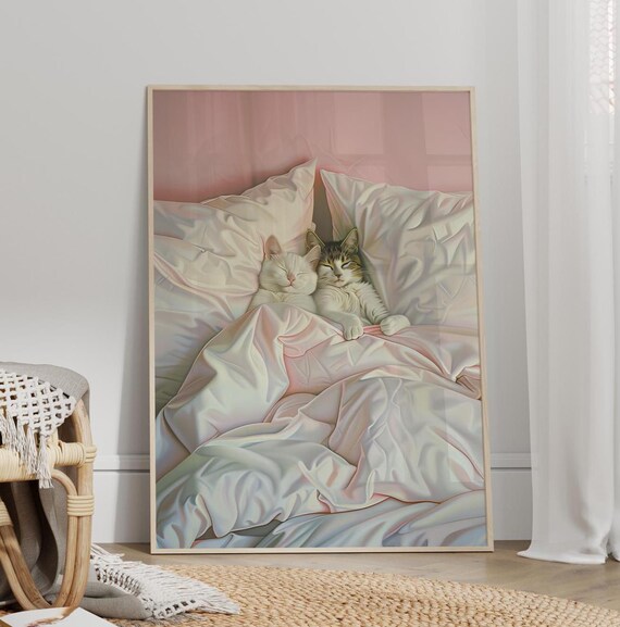 Cat Couple In Bed Poster Or Canvas Print Romantic Wall Art Lovers Gift Whimsical Cute Cats Pastel Pink Bedroom Decor