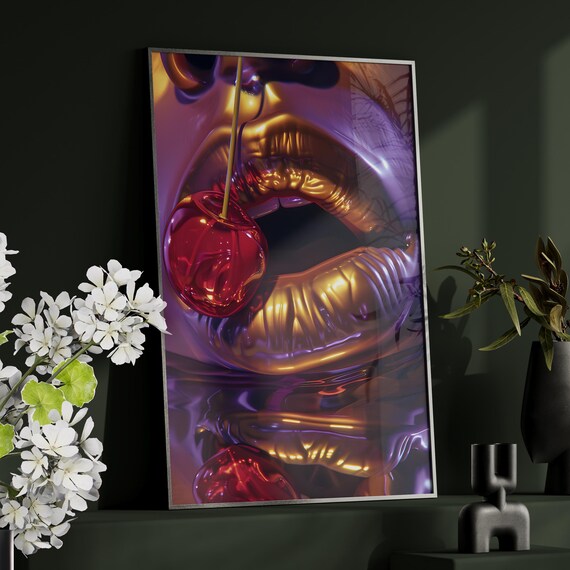 Glossy Golden Chrome Lips Holding a Red Cherry Pop Art Poster