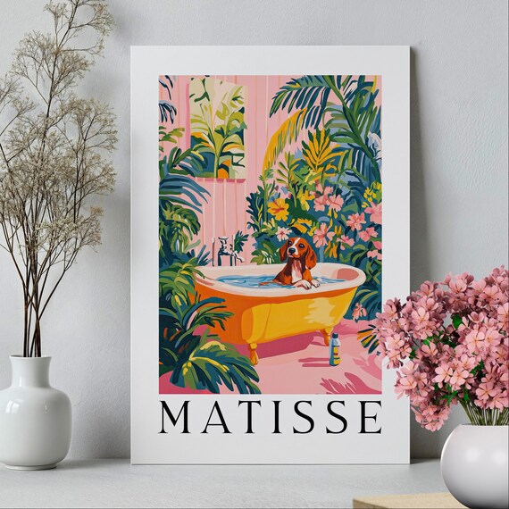 Dachshund Bathtub Funny Dog Art Print Tropical Pink Matisse Style Wall Decor