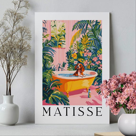 Dachshund In Bathtub Wall Art Poster Or Canvas Print Funny Bathroom Henri Matisse Artwork Maximalist Animal Decor Whimsy Dog