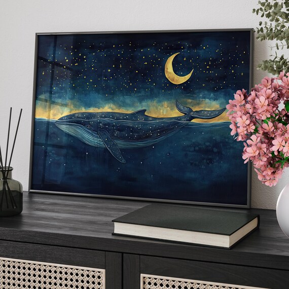 Humpback Whale Under The Moon And Starry Night Sky Watercolor Painting Poster Or Canvas Print Dreamy Blue Ocean Art Kids Room Decor