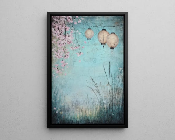 Whimsical Japanese Lanterns Vintage Style Painting Poster Or Print Magical Forest Nature Wall Art Japanese Misty Landscape Print