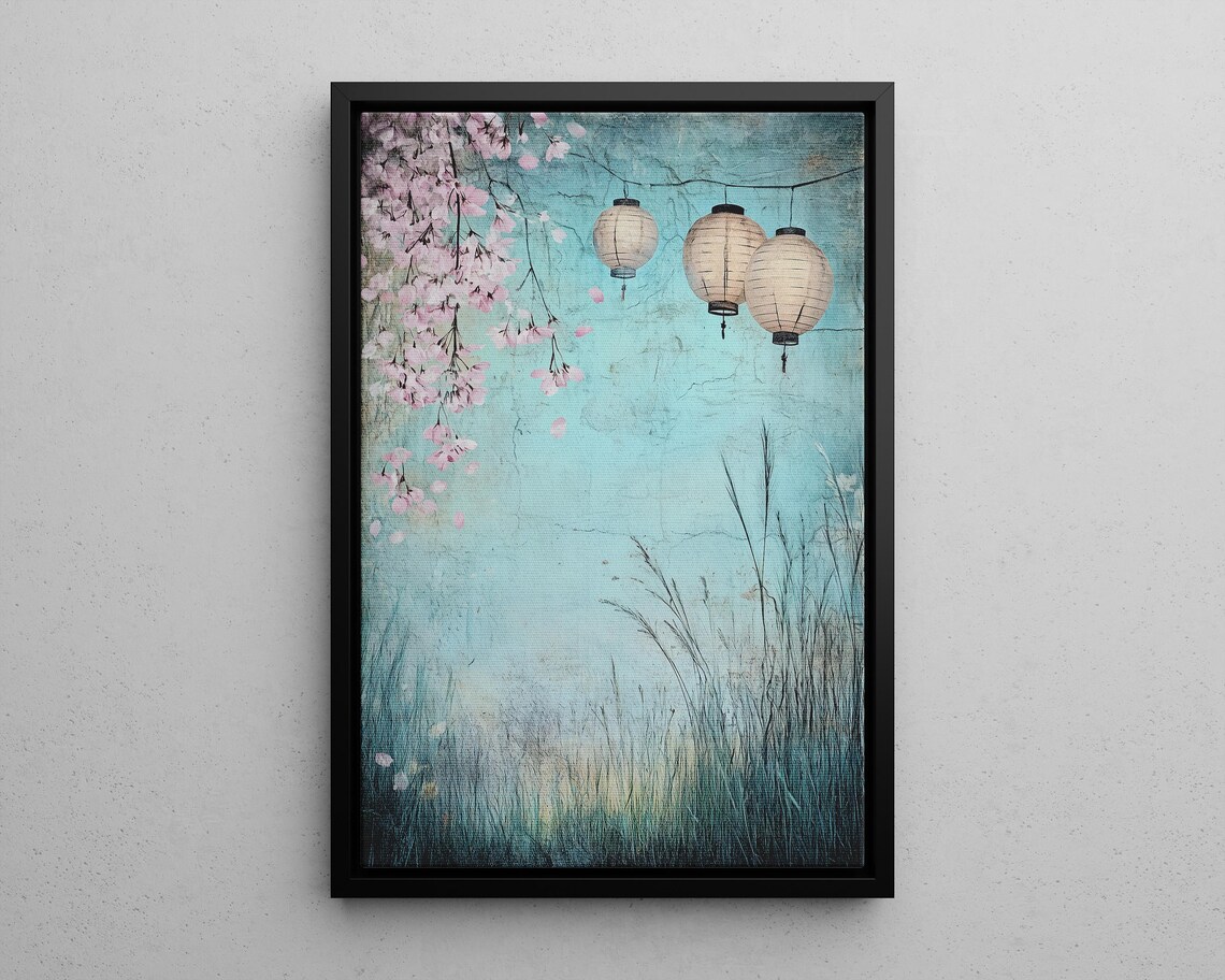 Japanese Paper Lanterns Cherry Blossom Vintage Painting Art Print
