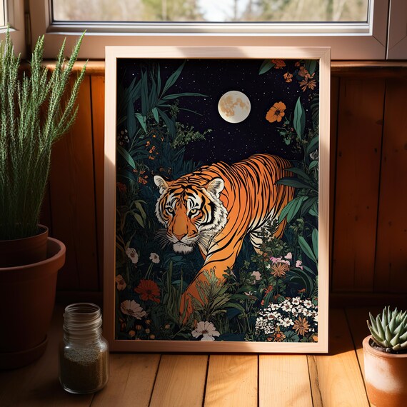 Tiger Walking Through Moonlit Jungle Flowers Night Sky Poster