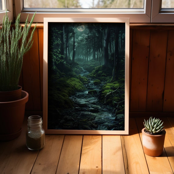 Dark Forest Moonlight Poster Or Canvas Trail Art Print Modernism Wall Night Scenery Mystical Decor