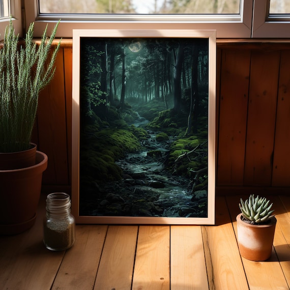 Dark Moonlit Forest Stream Mystical Night Scenery Decor Poster